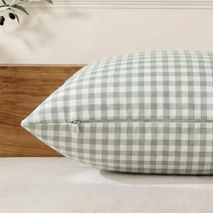 CARRIE HOME Set of 2 Farmhouse Sage Green Gingham Throw Pillow Covers 18x18 Checkered Plaid Decorative Pillow Cover Classic Retro Plaid Decor for Room Patio and Porch, Grey Green and White Gingham
