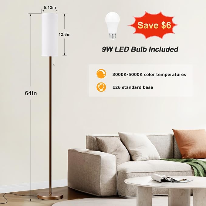 Ambimall 64" Floor Lamp with Bulb & Lampshade & Chain Switch, White & Brown