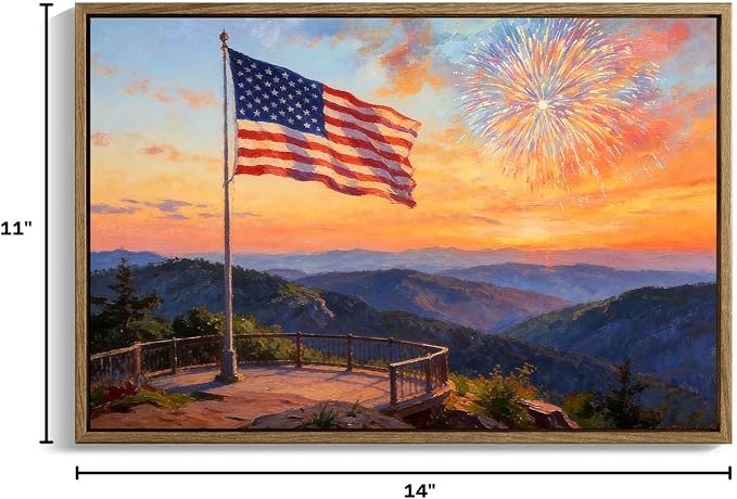 American Flag Framed Canvas Wall Art, 4th of July Patriotic Canvas Prints | USA Flag with Ocean Sunset Landscape Poster Print, Independence Day Wall Decor for Bedroom Living Room 11×14in