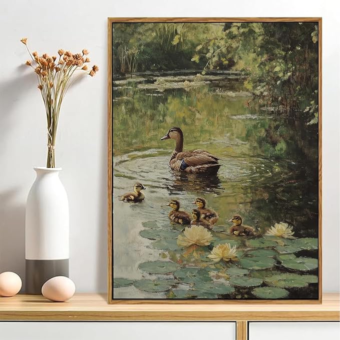 Framed Vintage Duck Canvas Wall Art Farmhouse Wall Decor Pictures Cottagecore Mother Duck Print Wildlife Nature Pond Sage Green Painting for Countryside Farmhouse Nursery Decoration 12x16in