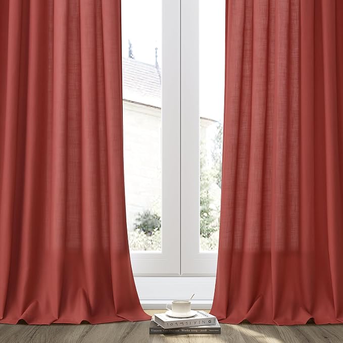 Red Linen Curtains 108 Inch Length for Living Room Bedroom 2 Panels Set Rod Pocket Light Filtering Semi Sheer Window Curtains 52 Inch Width Boho Farmhouse Linen Drapes, W52xL108