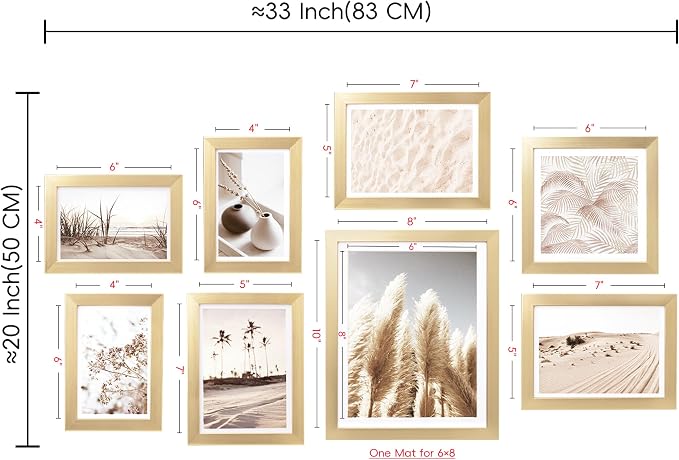 Gallery Wall Frame Set, 8 Pack Gold Picture Frames, Small | Collage Pampas Grass Prints Wall Art Decor for Living Room, Entryway, Stairway, Bedroom, Assorted Size