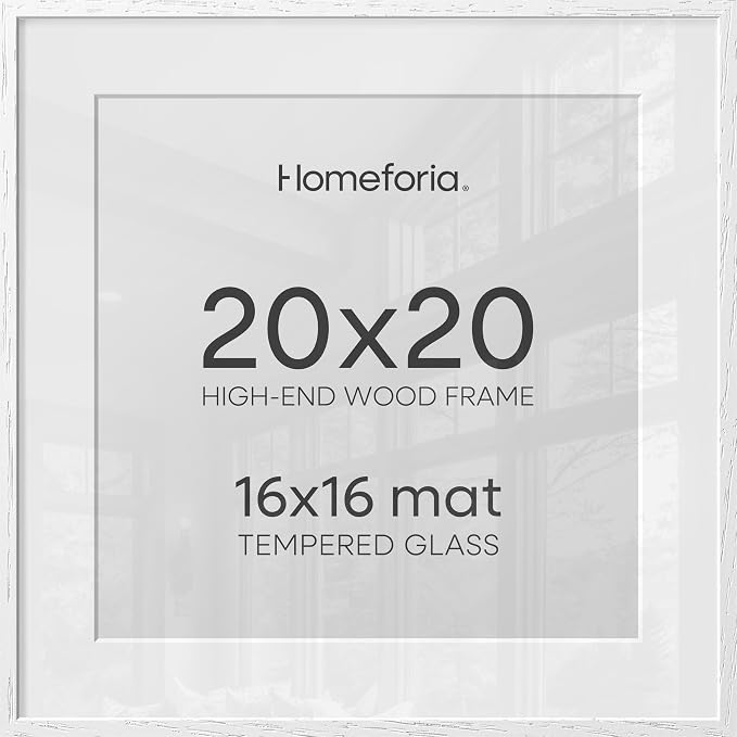 Homeforia 20x20 White Oak Picture Frame, High-End Wood, 16x16 Mat, Glass
