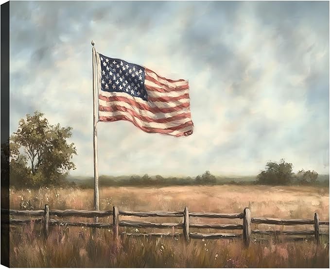 Framed Vintage American Flag Field Wall Art, Patriotic Rustic Canvas Art Pictures, USA Flag Wall Decor for Living Room Farmhouse Garage, Ready to Hang Made in USA