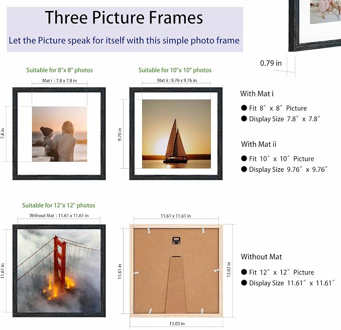 12x12 Picture Frame Set,Solid Wood,Not Glass,Display Pictures 8x8,10x10 with Mat or 12x12 Without Mat,Stable Sturdy Square Hanging Picture Frames for Wall Mounting or Tabletop (Black,12x12,Set of 2)