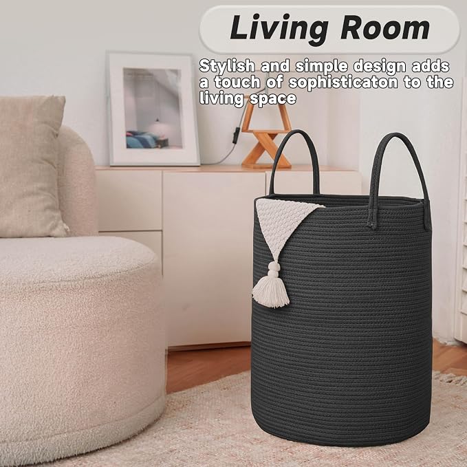 JMvicyroam 100L Cotton Rope Laundry Basket Hamper, Black | Collapsible laundry basket, reinforced handles, freestanding, machine washable, holds 3-5 thick blankets, clothes or toys