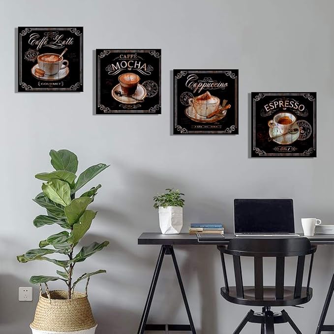 Vintage Coffee Wall Decor Kitchen Bar Wall Art Retro Brown Coffee Picture Latte Mocha Espresso Cup Cafe Signs Canvas Painting Modern Artwork for Dining Room Restaurant Office Home Decoration 16x16" 4P