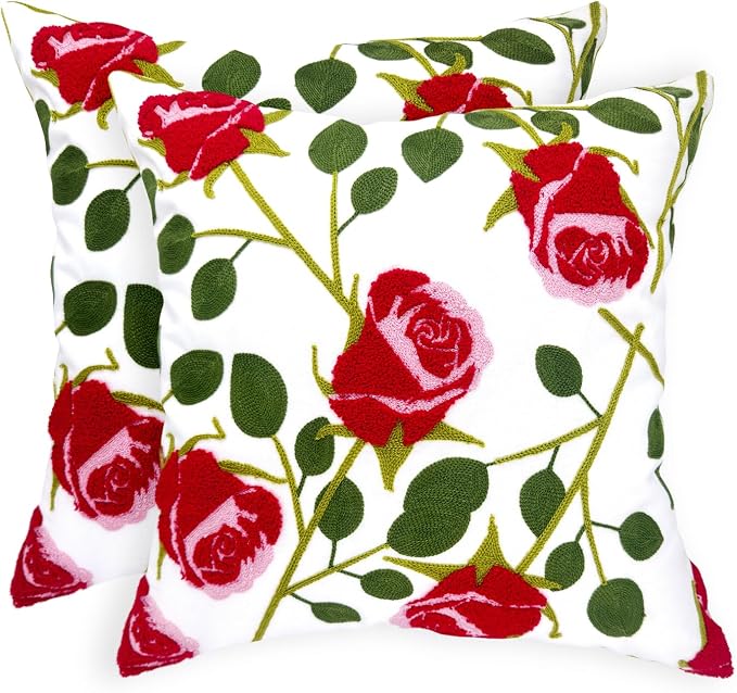 Alysheer Set of 2 Floral Embroidered Decorative Throw Pillow Cover 18" x 18" inches, Farmhouse Cottage Embroidery Red Rose Pattern Cotton Cushion Case for Sofa Couch Bed Living Room Outdoor Decor