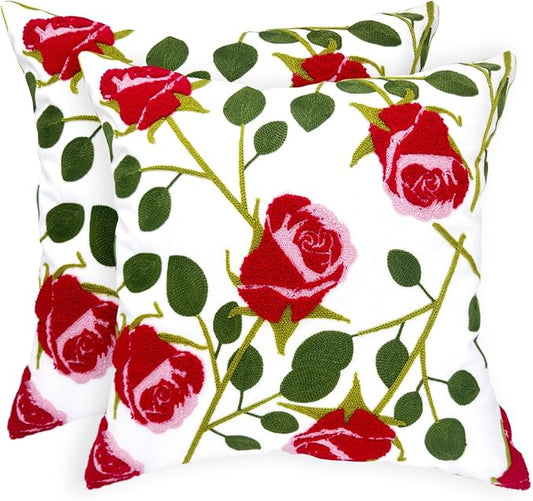 Alysheer Set of 2 Floral Embroidered Decorative Throw Pillow Cover 18" x 18" inches, Farmhouse Cottage Embroidery Red Rose Pattern Cotton Cushion Case for Sofa Couch Bed Living Room Outdoor Decor