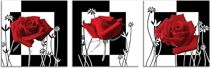 NAN Wind Canvas Print 3 Pcs Black and White Red Rose Canvas Art Painting Abstract Wall Art Decorations Flower Picture on Canvas for Home Decor Stretched and Framed (14X14inchX3pcs, rose2)