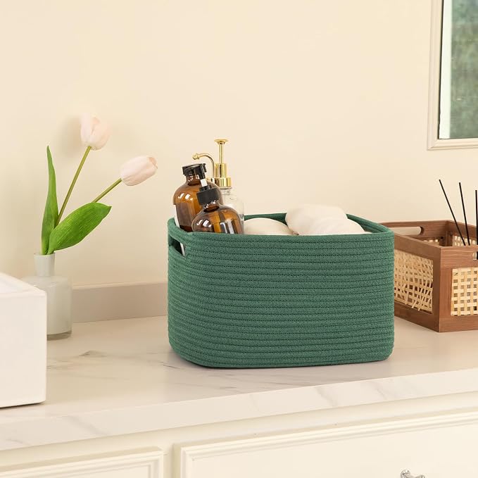 OIAHOMY 4 Pack Storage Baskets for Organizing 15L Cube Storage Bins Green | Woven Baskets for Storage Rectangle Small Baskets With Handles Baskets for Shelves Wicker Baskets for Shelves 12.7x9x7.8inch
