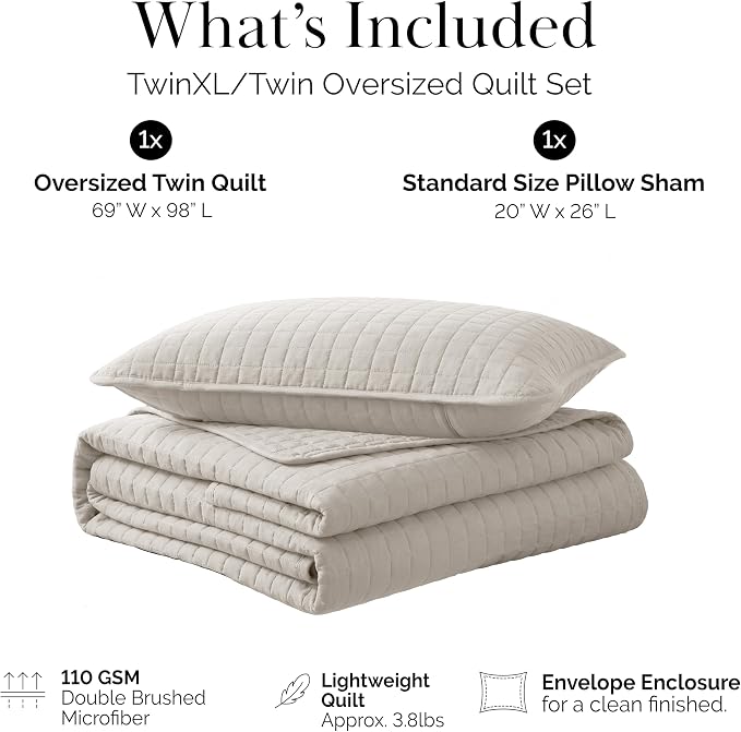 Southshore Fine Living, Inc. Twin Quilt Bedding Set, Microfiber Quilt, XL Twin Bedspread Coverlet, Pet Hair Resistant Bedding Set, Natural Beige Bedspread with Matching Pillow Sham, Natural Beige
