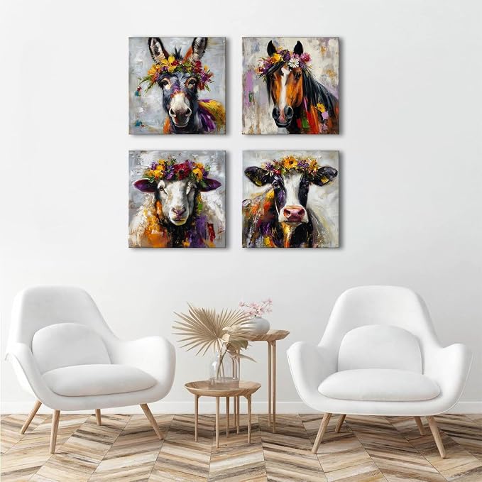 Set of 4 Farmhouse Animal Canvas Wall Art Dinner Room Decoration Abstract Colorful Cow Donkey Horse Sheep Wall Decor 20x20”, Large Vintage Farm Animals Theme Posters Paintings Countryside Artwork