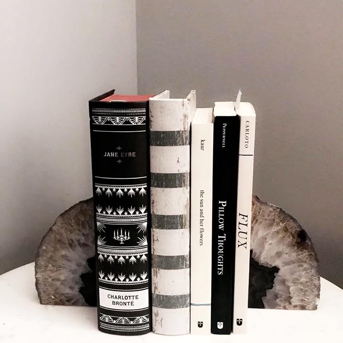 JIC Gem Black Agate Geode Bookends Rubber Bumpers Heavy Stoppers 4-6 Lbs | Heavy duty crystal Book ends Heavy Book stoppers Home office Shelf Decor Polished gemstone decorative bookends