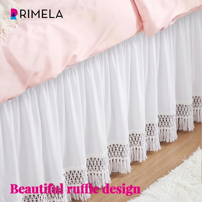 RIMELA Tassel Trim Dorm Bed Skirt Twin XL 36 Inch Drop, Wrap Around Elastic Dust Ruffle Easy to Install, Bedskirt Solid Silky Fabric Machine Washable, Bedroom Decor