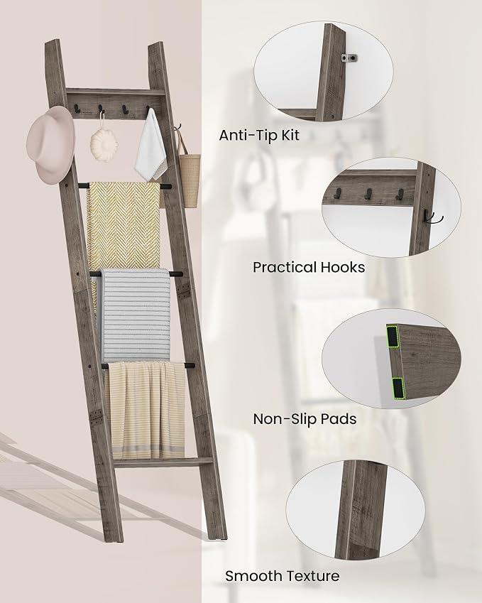 CHOEZON 5-Tier Blanket Ladder, Wooden Blanket Display Rack, Towel Ladder with Hooks, Wall Leaning Display Shelf, for Living Room, Bedroom, Balcony, Greige and Black MCJ02BG
