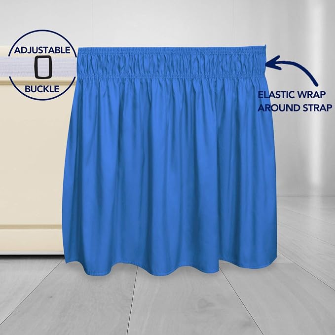PureFit Wrap Around Ruffled Bed Skirt, Blue, Queen/King - 18" Drop | Wrinkle Free Bedskirt Dust Ruffles, Easy to Put On Frame Cover with Adjustable Elastic Belt