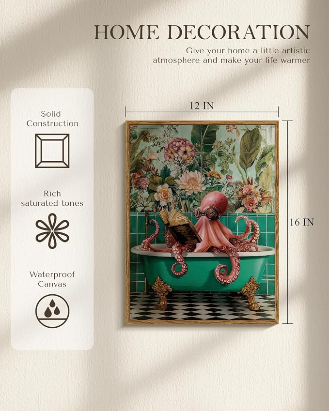 WHASAYART Framed Funky Funny Octopus Reading on bathtub Wall Art Canvas 12"x16", Whimsical, Floral and Botanical, Ocean Animal Abstract Modern Style Print for Bathroom Washroom Restroom Decor