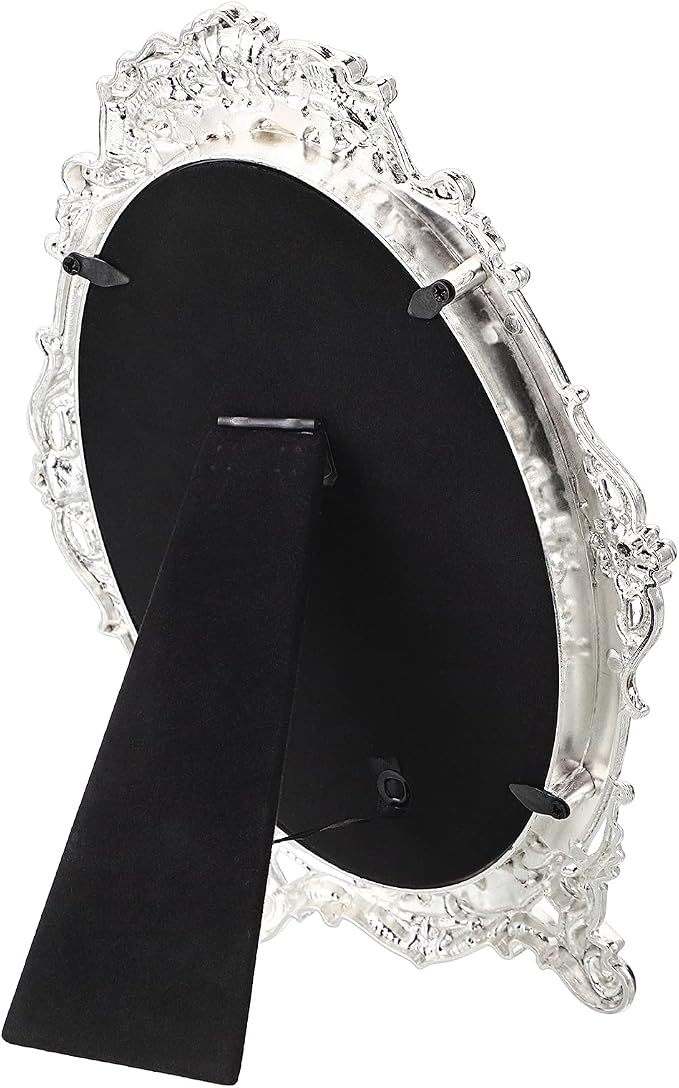 JUXYES Tabletop Dressing Mirror with Stand Desktop Mirror with Rose Decor | Small Antique Embossed Roses Countertop Makeup Mirror, Retro Oval Cosmetic Decorative Mirrors for Dresser Table