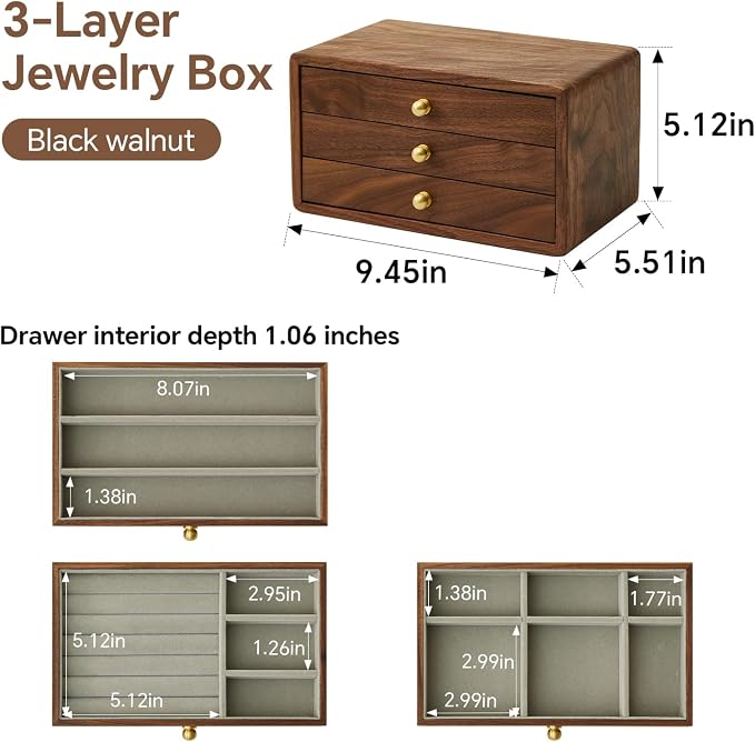 Wooden Jewelry Box, Large, Black Walnut Wood | For Women & Men, Velvet Lined Organizer, 3 Drawers, Brass Handles, Earring Ring Necklace Storage