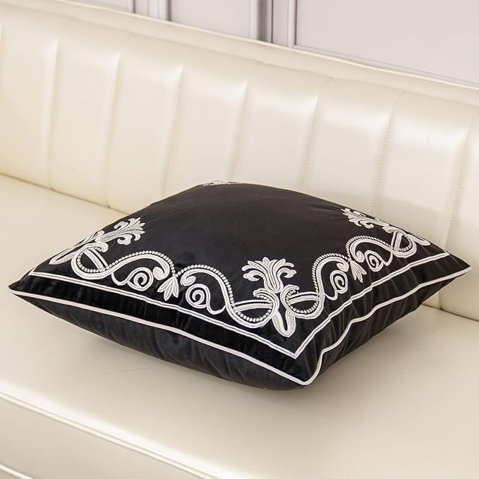 Aeckself European Floral Pillow Cover 18x18 Inch, Luxury Velvet Embroidered Decorative Throw Pillow Cover for Couch Bedroom Living Room, Black and White