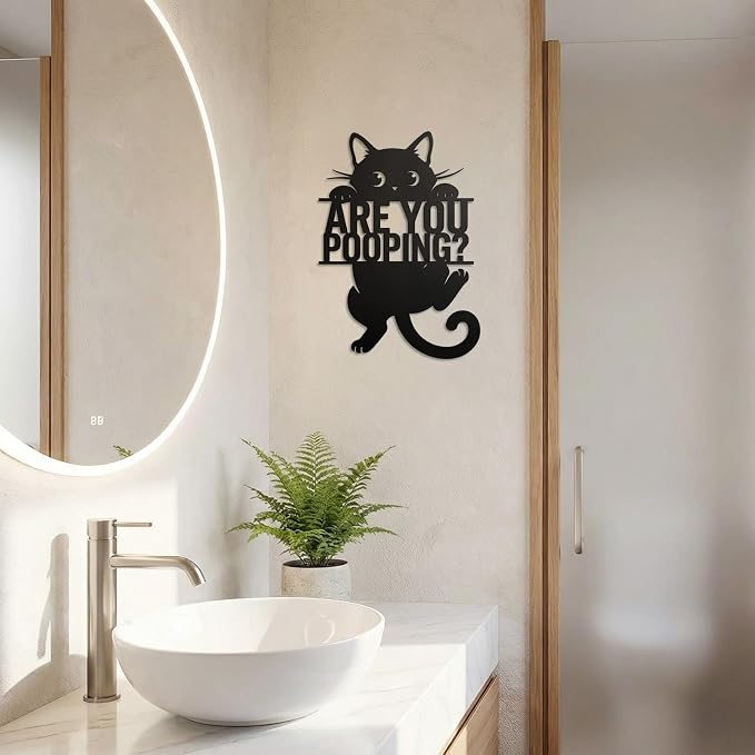 Black Cat “Are You Pooping” Bathroom Signs Wall Art,15x11 Inch Funny Metal Cat Restroom Sign Animal Bathroom Wall Art for Toilet, Cat Lover Gifts for Women Home Decor