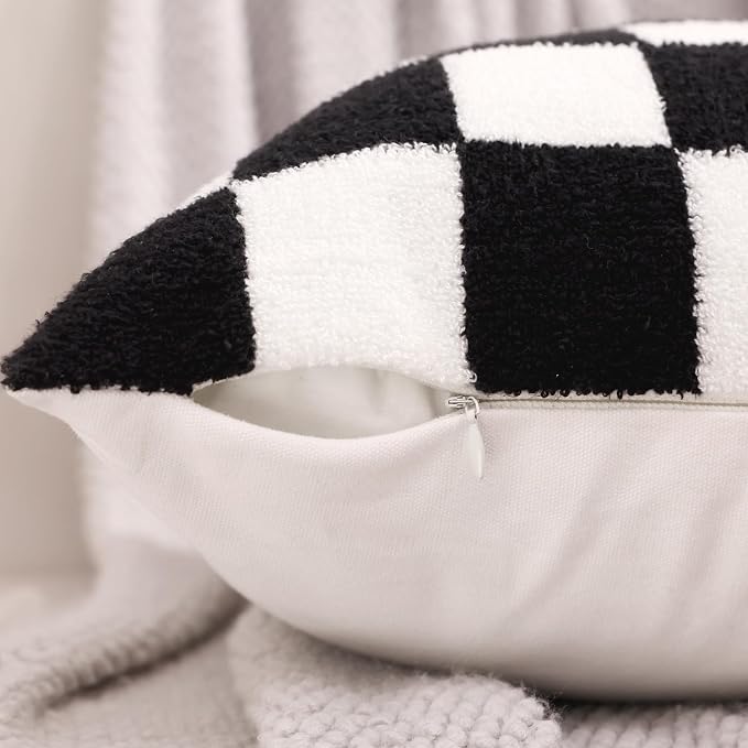 Alysheer Checkered Embroidered Throw Pillow Covers 18"x 18" 2pc Black White