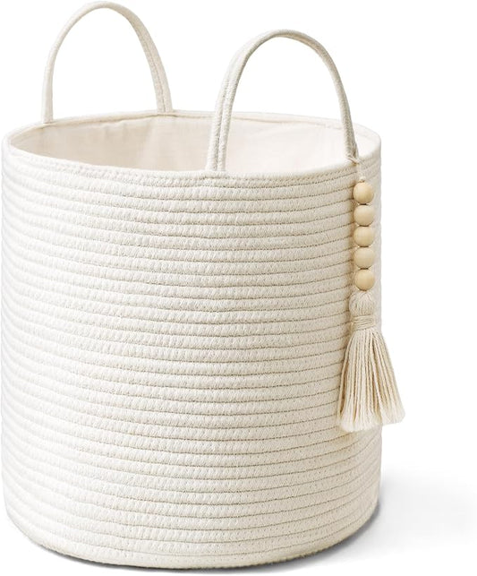 Mkono Woven Storage Basket for Blanket, Toys Plant Organizer, 11"W x 11"L | White, Cotton, Decorative Basket with Handle, Wood Beads Tassel, Shoes Towel Clothes Storage Bin, Living Room Bedroom Nursery
