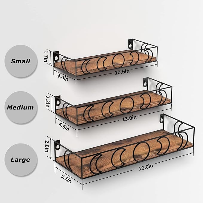 PHAREGE Moon Phase Floating Shelves Brown Black Set of 3