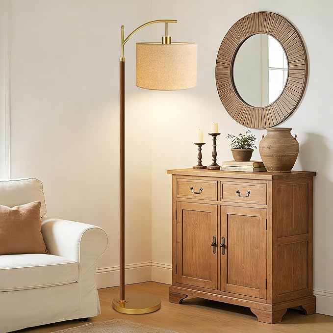 ILLMTW Wood Floor Lamp for Living Room,Bedroom,Vintage Mid Century Modern Standing Lamp with Remote Dimmable,Arc Boho Gold Tall Lamp Fabric Lamp Shade Floor Lights Bohemian Tiffany Style