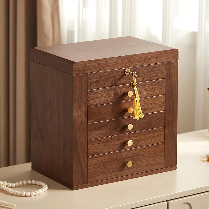 Black Walnut Wooden Jewelry Box for Women, 6 Layer | Locking Large Wood Jewelry Organizer with 2 Side Doors & Mirror, For Watch Necklace Ring Earring, Velvet-Lined, Gift