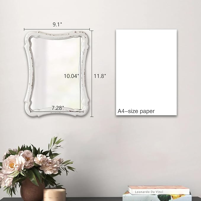 Rustic Wood Framed Small Wall Mirror Decor 12 x 9 inches | Handmade Distressed White Vintage Decorative Mirror, Hanging Ornate Accent Sculpted Farmhouse Mirrors for Bathroom