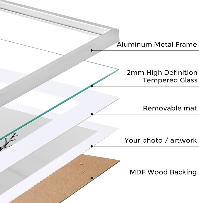 16x16 Metal Picture Frame with 12x12 Mat, Brushed Aluminum Finish, Tempered Glass Front, and Attached Hanging Hardware - Versatile Wall Display Frames for Vertical or Horizontal Orientation - Sliver