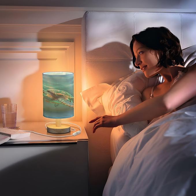 Bedside Lamp Turtle Teal Underwater Table Lamp for Bedroom LED Nightstand Lamp Shade USB Ports Wood Base for Living Room Dorm Office