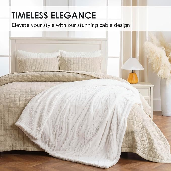 EverGrace Jacquard Reversible Sherpa Throw Blanket, 50" x 60", Bleach White | Jacquard Sherpa Throw Blanket, Super Soft, Cozy Plush Blanket, Reversible Thick Warm Throw for Bed, Sofa, Living Room
