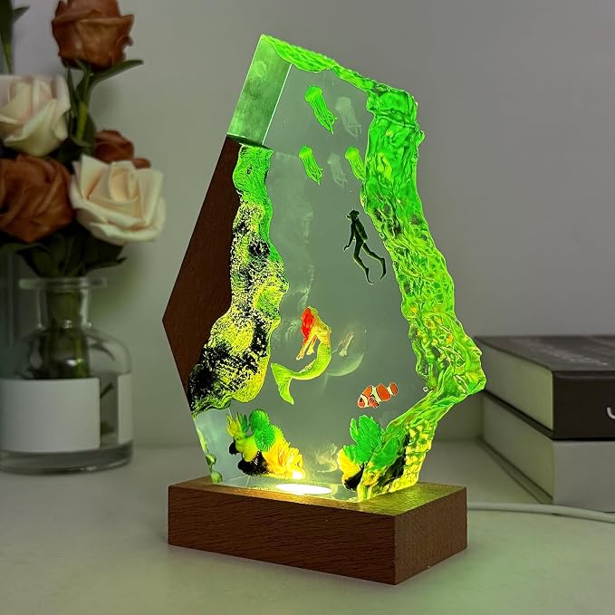 Handmade Mermaid Resin Ocean Lamp with Wood Base