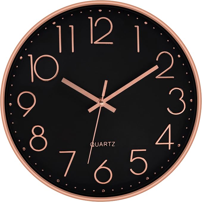 Foxtop Modern Wall Clock 12 Inch Non-Ticking Silent Battery Operated Round Quartz Rose Gold Wall Clock for Office Bedroom Living Room Kitchen Home School Decor (Black Dial)