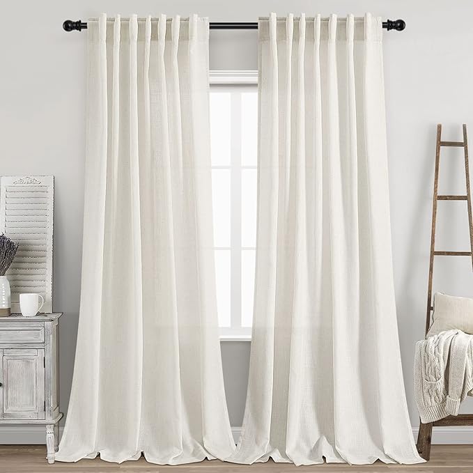 Elegant Cream Linen Curtains Semi Sheer Curtain 98 Inches Long for Bedroom Neutral Light Filtering Drapes for Livingroom 2 Penels Set Back Tab Window Curtains Linen Textured 52x98