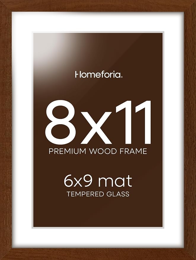 Homeforia 8x11 Brown Oak Picture Frame, High-End Wood, 6x9 Mat, Glass