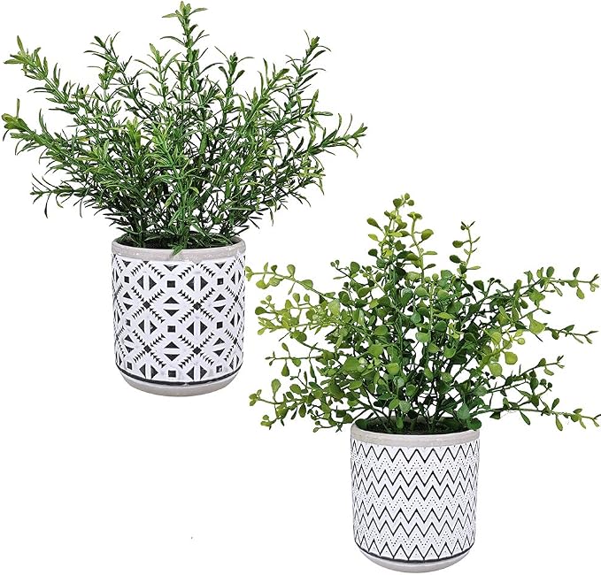 Winlyn 2 Pack Small Potted Eucalyptus Plant Artificial Plants Green Boxwood Rosemary Greenery in Modern Concrete Plant Pots