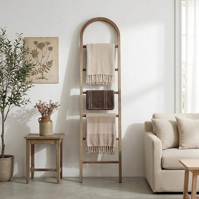Wooden Blanket Ladder - Natural & Motley Wood - Leaning Wall Decor for Bedroom, Bathroom, Living Room - Rustic Quilt Holder & Towel Rack (Natural Wood Color-Curved, 76in（6-Tier）)