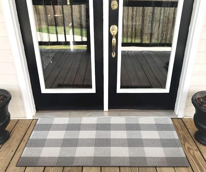 LEVINIS Cotton Door Mat - Grey and White Checkered Plaid Rug for Front Porch/Kitchen/Bathroom/Entry Way 27.5'' x 43''