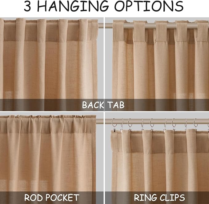 Camel Linen Curtains for Living Room Extra Long 144 Inches Long Back Tab Light Filtering Semi Sheer Curtain Vintage Rustic Decor Floor to Ceiling High Window for Bedroom 52x144, 2 Panels