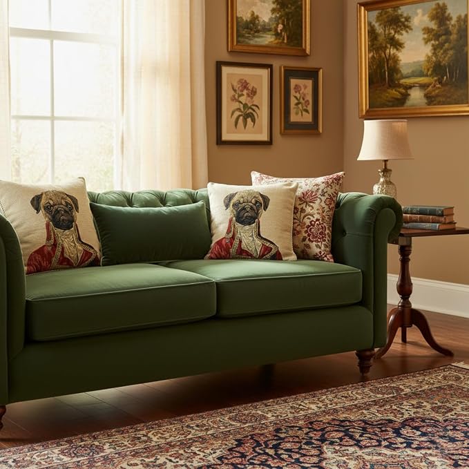 Pug Renaissance Dog Throw Pillow Cover - Tache Napoleon Bownparte - 2 Pieces 18 X 18 Inch Square French Vintage Tapestry Woven Set