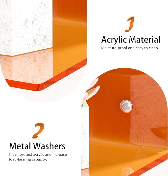 Sezanrpt 15 Inches Orange Acrylic Wall Shelves 2 Pack, L Shape Floating Shelf, Perspex Wall Mounted Shelves for Home Décor, Model Car, Candle, Calendar, Towel, Tissue