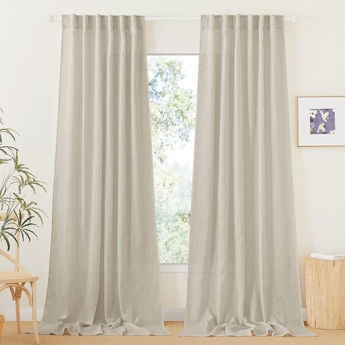 RYB HOME Sheer Curtains 108 inches, Extra Long Floor to Ceiling Curtains | Light Filtering Privacy, Faux Linen Fabric, Living Room Bedroom Sliding Glass Door, Back Tab, W52 x L108, 2 Panels, Angora