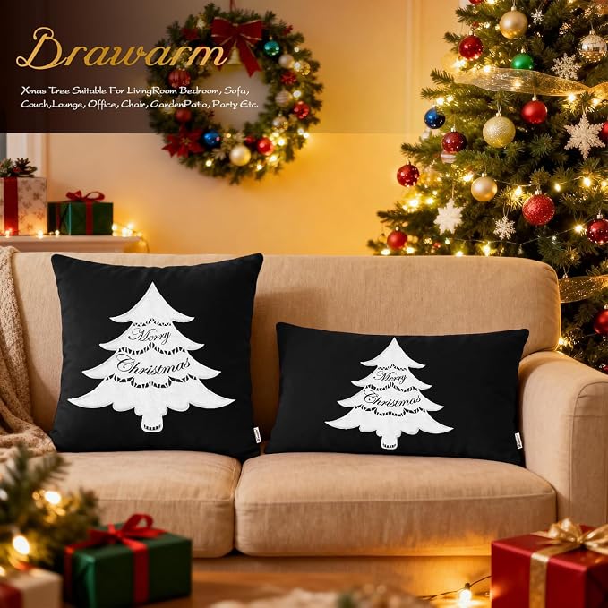 BRAWARM Christmas Pillow Cover 12 X 20 Inches, Black Christmas Tree Embroidered Lumbar Pillow Cover, Soft Velvet Decorative Throw Pillow for Couch Bed Sofa Living Room Home