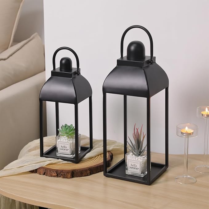 Lanterns Decorative Outdoor Indoor, 17'' 13'' Black Metal Outdoor Lanterns | Set of 2 Modern Farmhouse Candle Lantern Decor Rustic Lanterns Centerpieces for Patio, Front Porch, Mantel, Wedding, No Glass