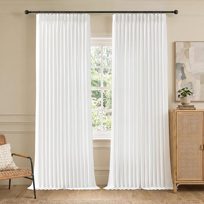 IVAPUPU 102 Inch Pinch Pleated Sheer Linen Blend Curtains for Living Room | Light Filtering, Bedroom, Pinch Pleat, Hooks Rings, Ceiling to Floor, Memory Shape, Farmhouse, Snow White, W40xL102, 2 Panel