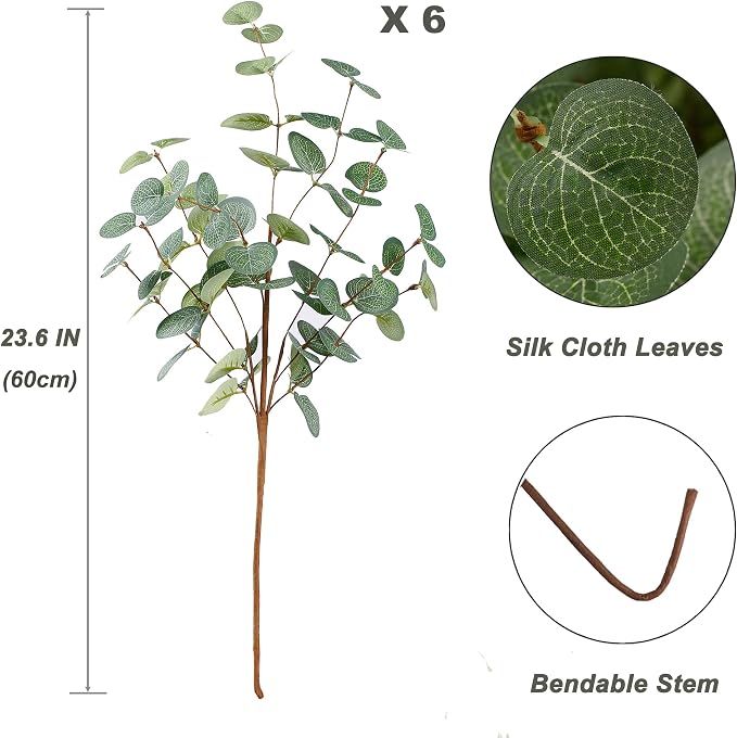 HNVNER 6 Bunches Artificial Eucalyptus Stems 24" Faux Eucalyptus Leaves Branches Silk Fake Green Foliage Artificial Plants Greenery for Flower Arrangement Home Wedding Party Decoration